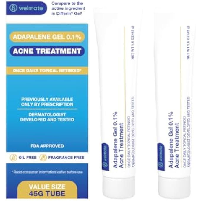 WELMATE - ADAPALENE GEL 0.1% (2 PACK) ACNE TREATMENT - ONCE DAILY TOPICAL RETINOID - OIL FREE - FRAGRANCE FREE - PREVIOUSLY PRESCRIPTION ONLY - VALUE SIZE - OVER-THE-COUNTER MEDICATION - SKIN CARE - Image 1